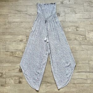 Japna Francesca's Collection Animal Print White Strapless Wide Leg Jumpsuit L